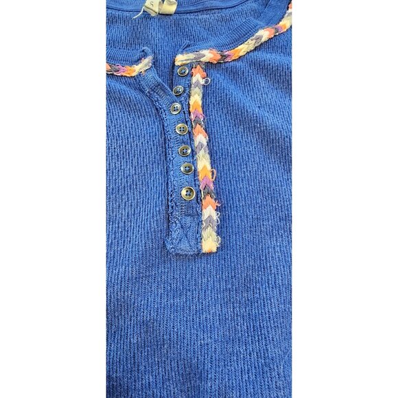 Free People Womens Blue Waffle Knit Henley Top With Embroidered Trim Size S - Picture 2 of 8